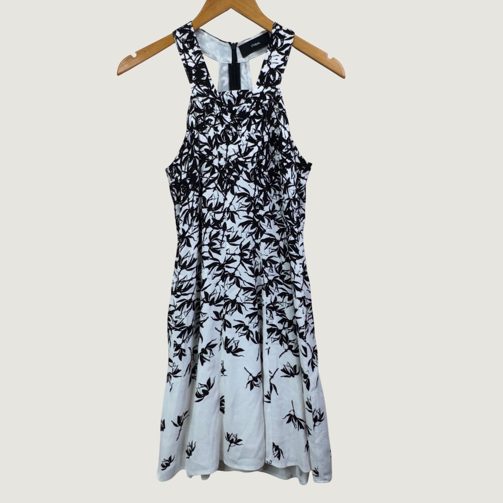 YYigal‎ Floral Halter Dress Small Black White Minimalist Chic Designer